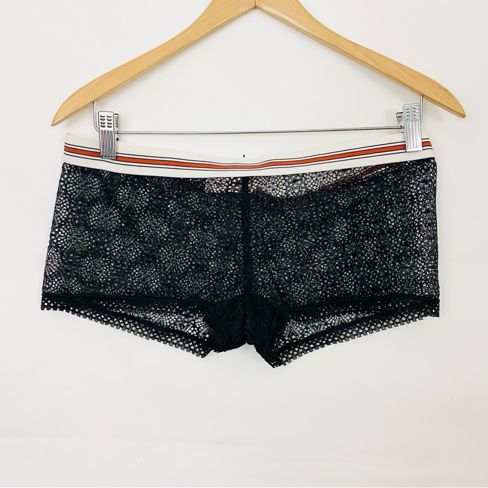 NWT Victoria's Secret Black Lace Boyshort Shortie Panty Sheer Striped waist